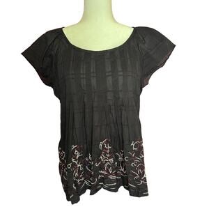 Calvin Klein Black Embroidered Blouse Cap Sleeves Size Large